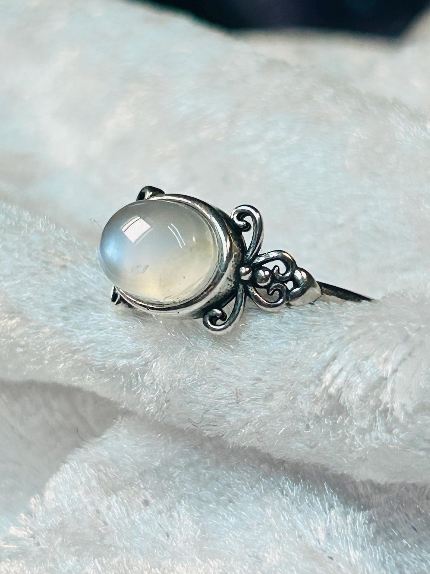 Moonstone Ring in 925 Sterling Silver with Dainty Filigree Style - Adjustable Band Celtic Dragon Jewellery