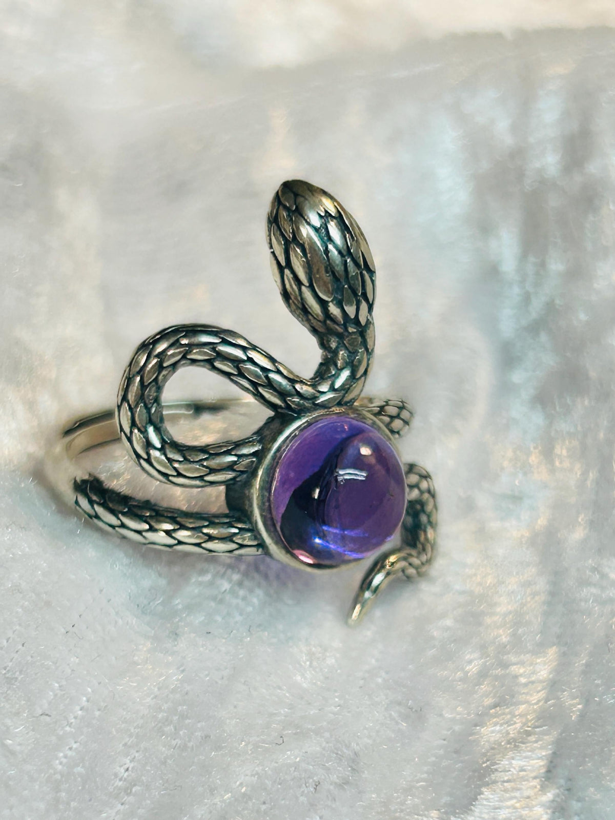 Snake Ring with Amethyst in 925 Sterling Silver - Serpent Statement, Adjustable Gothic Jewellery Celtic Dragon Jewellery