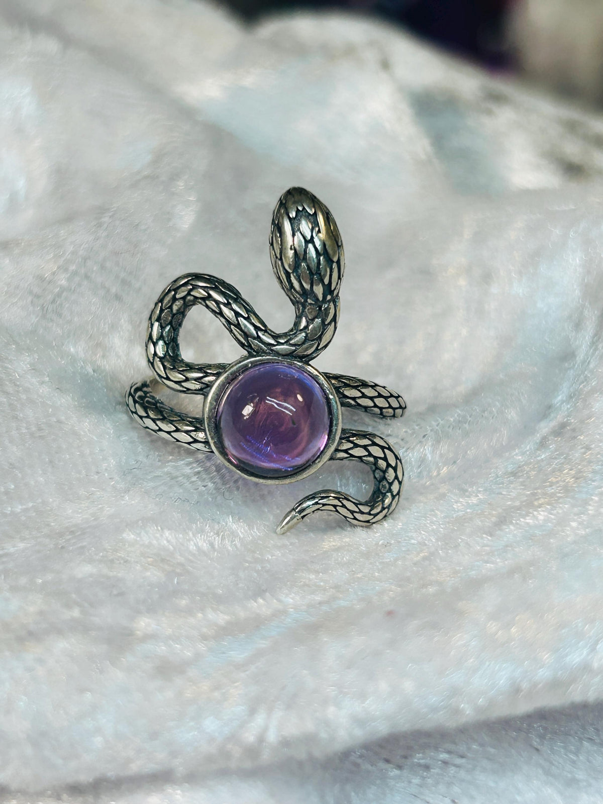 Snake Ring with Amethyst in 925 Sterling Silver - Serpent Statement, Adjustable Gothic Jewellery Celtic Dragon Jewellery