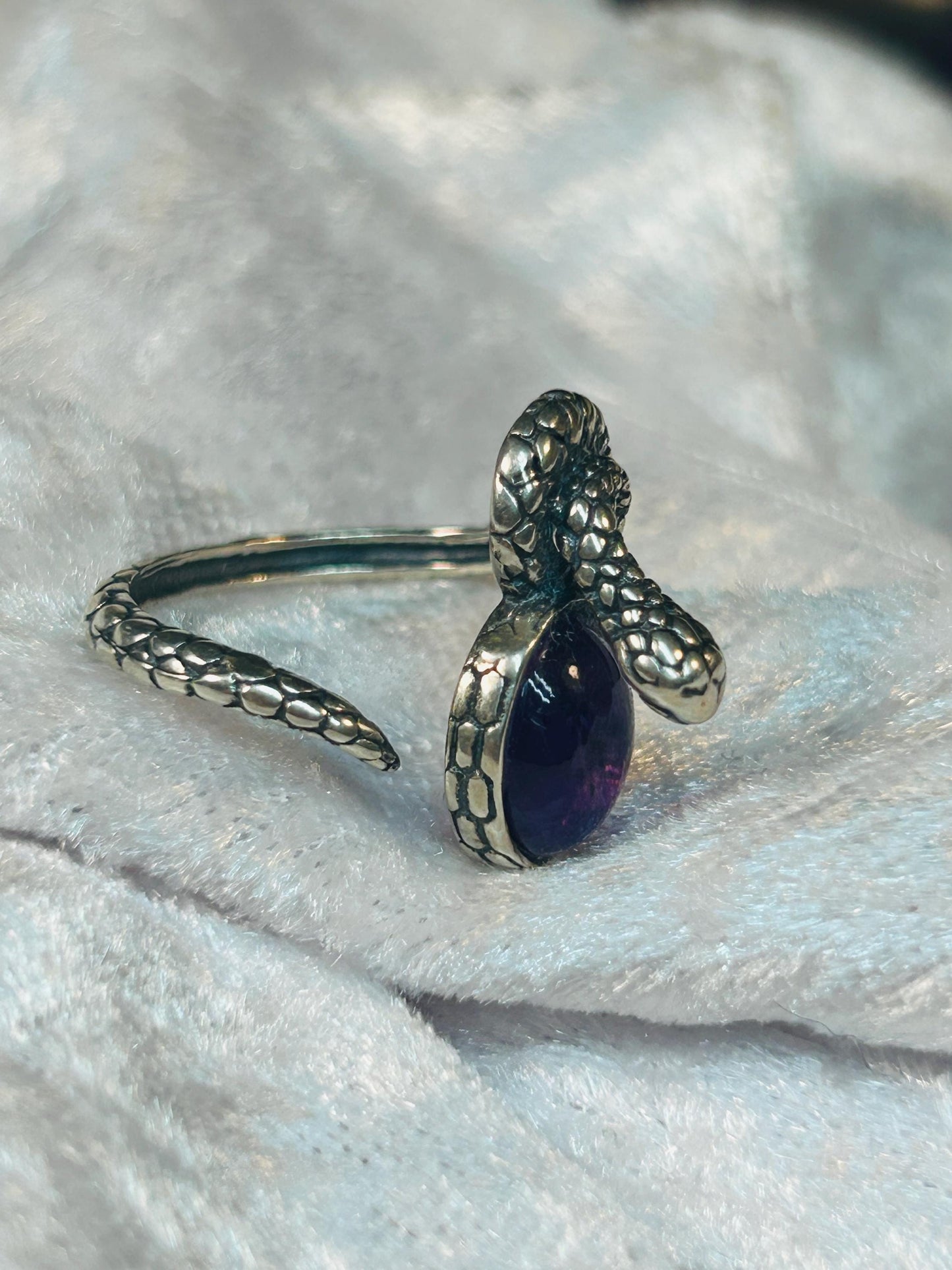 Snake Ring with Amethyst in 925 Sterling Silver - Adjustable Gothic Serpent Jewellery Celtic Dragon Jewellery