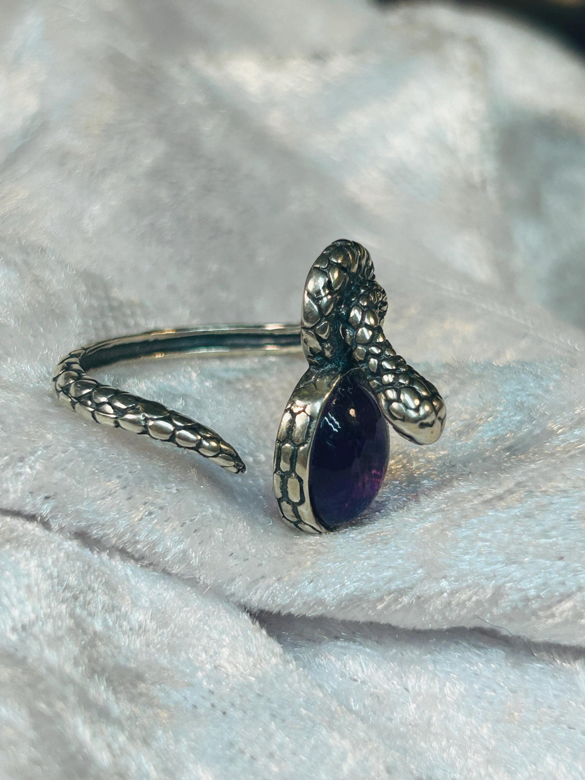 Snake Ring with Amethyst in 925 Sterling Silver - Adjustable Gothic Serpent Jewellery Celtic Dragon Jewellery