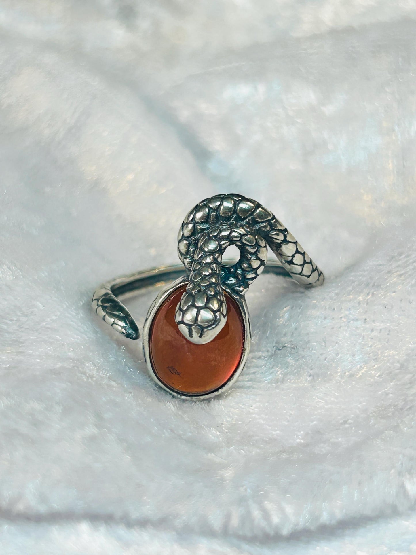 Snake Ring with Garnet in 925 Sterling Silver - Adjustable Gothic Serpent Jewellery Celtic Dragon Jewellery