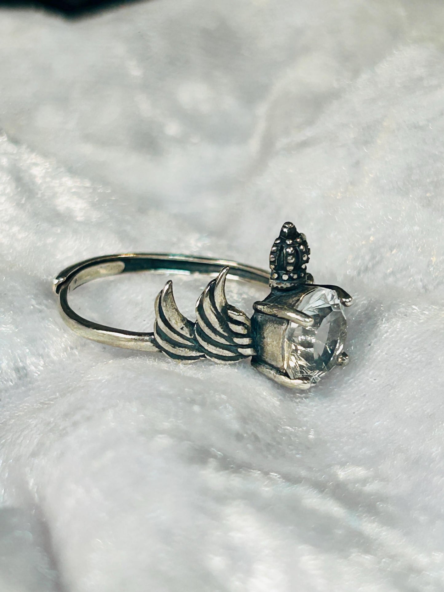 Sterling Silver Crowned Angel Wing Ring with Clear Quartz – Gothic Fantasy Jewellery Celtic Dragon Jewellery