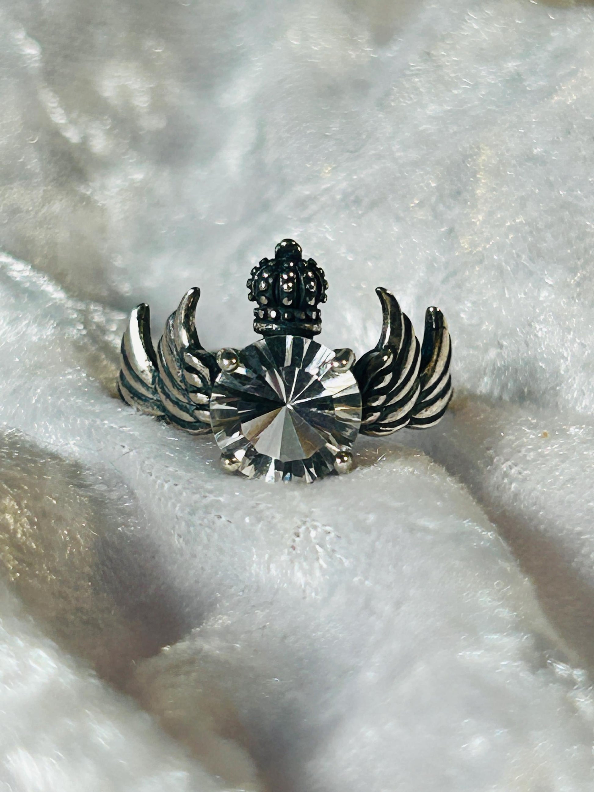 Sterling Silver Crowned Angel Wing Ring with Clear Quartz – Gothic Fantasy Jewellery Celtic Dragon Jewellery