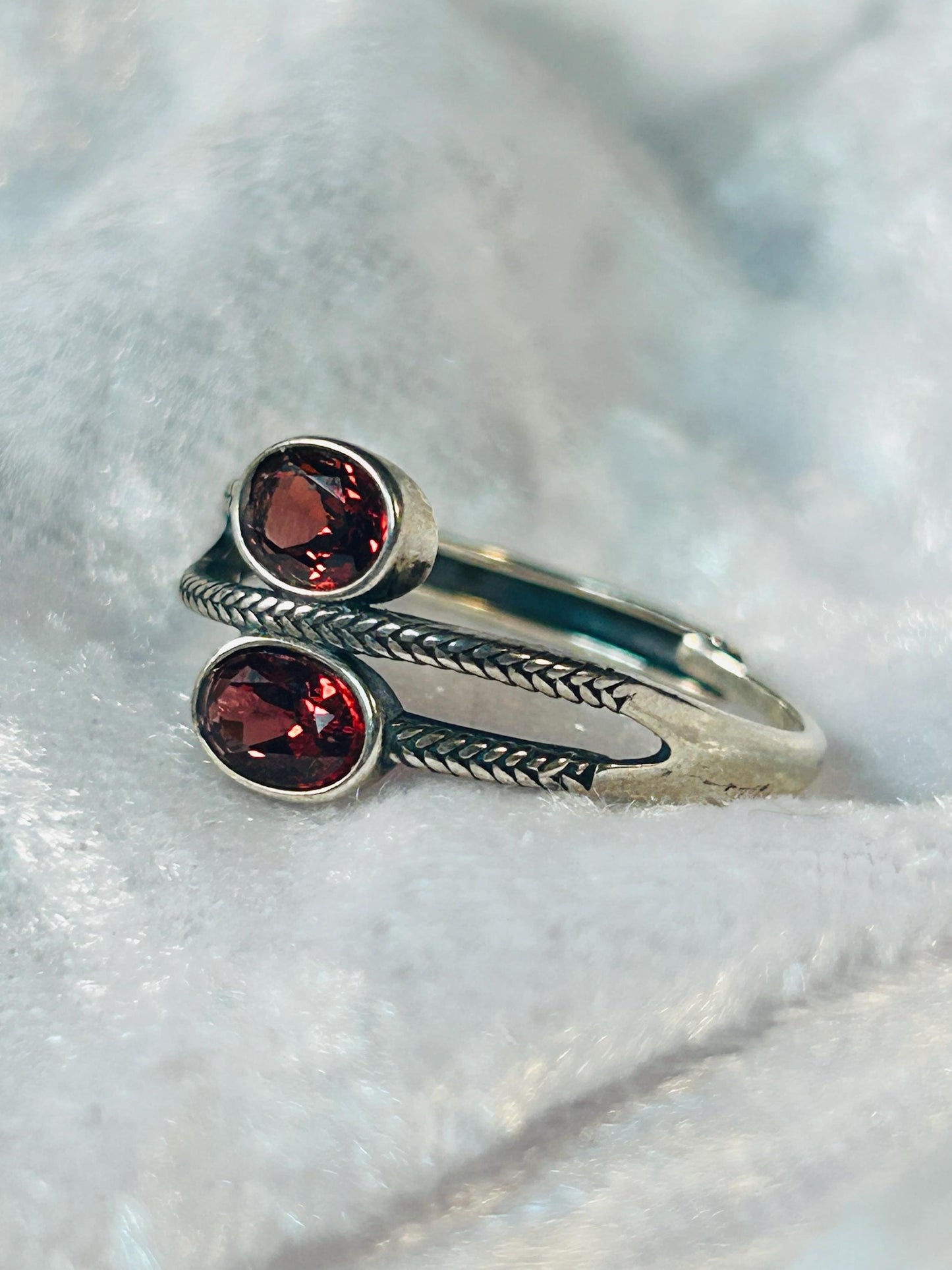 Double Garnet Ring in 925 Sterling Silver with Adjustable Band Celtic Dragon Jewellery