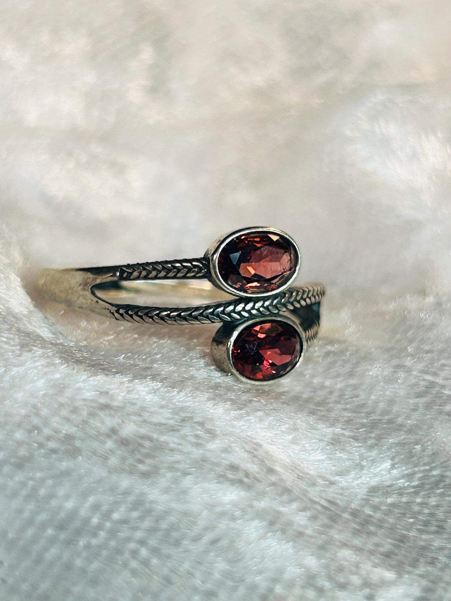 Double Garnet Ring in 925 Sterling Silver with Adjustable Band Celtic Dragon Jewellery
