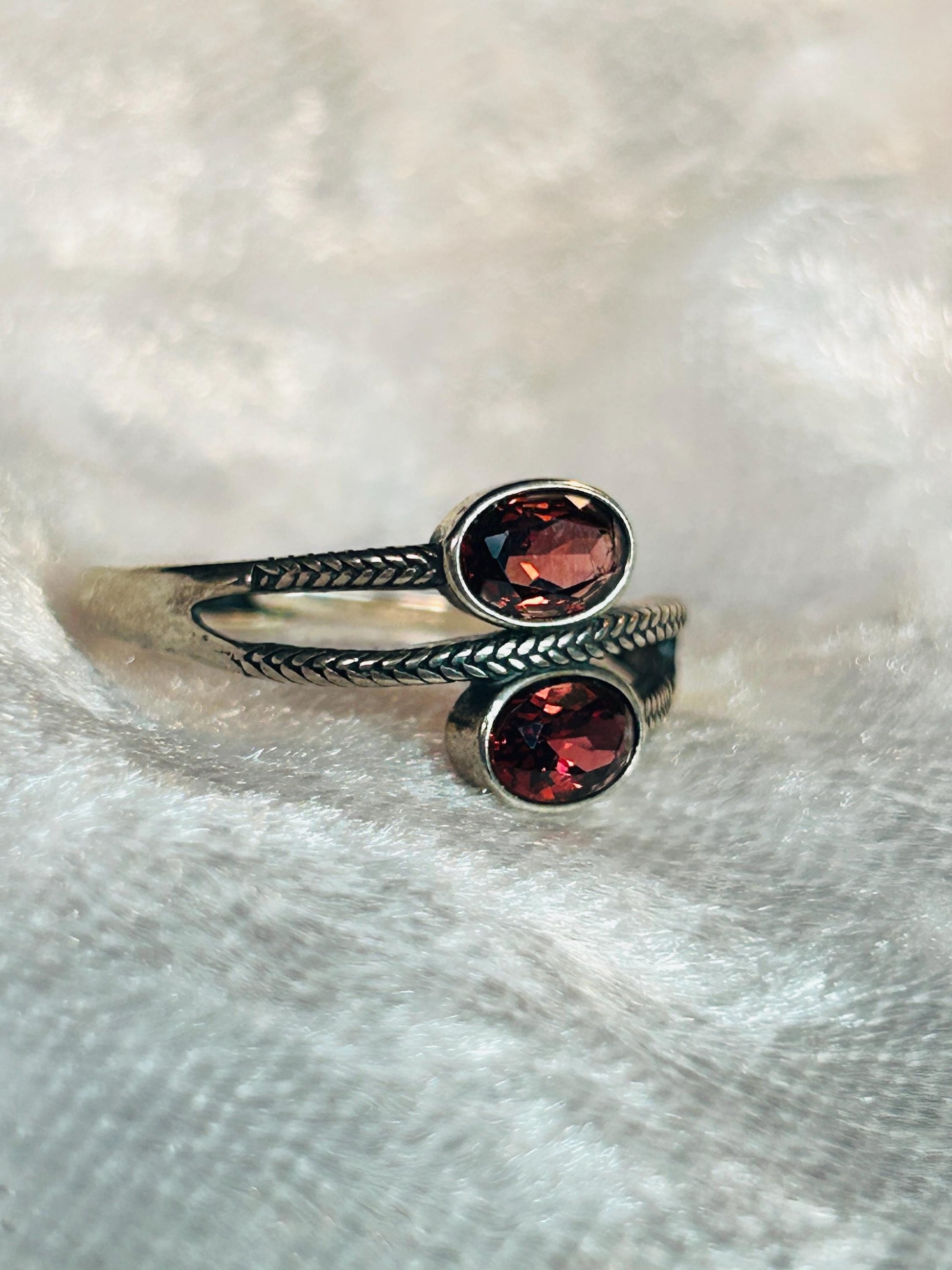 Double Garnet Ring in 925 Sterling Silver with Adjustable Band Celtic Dragon Jewellery