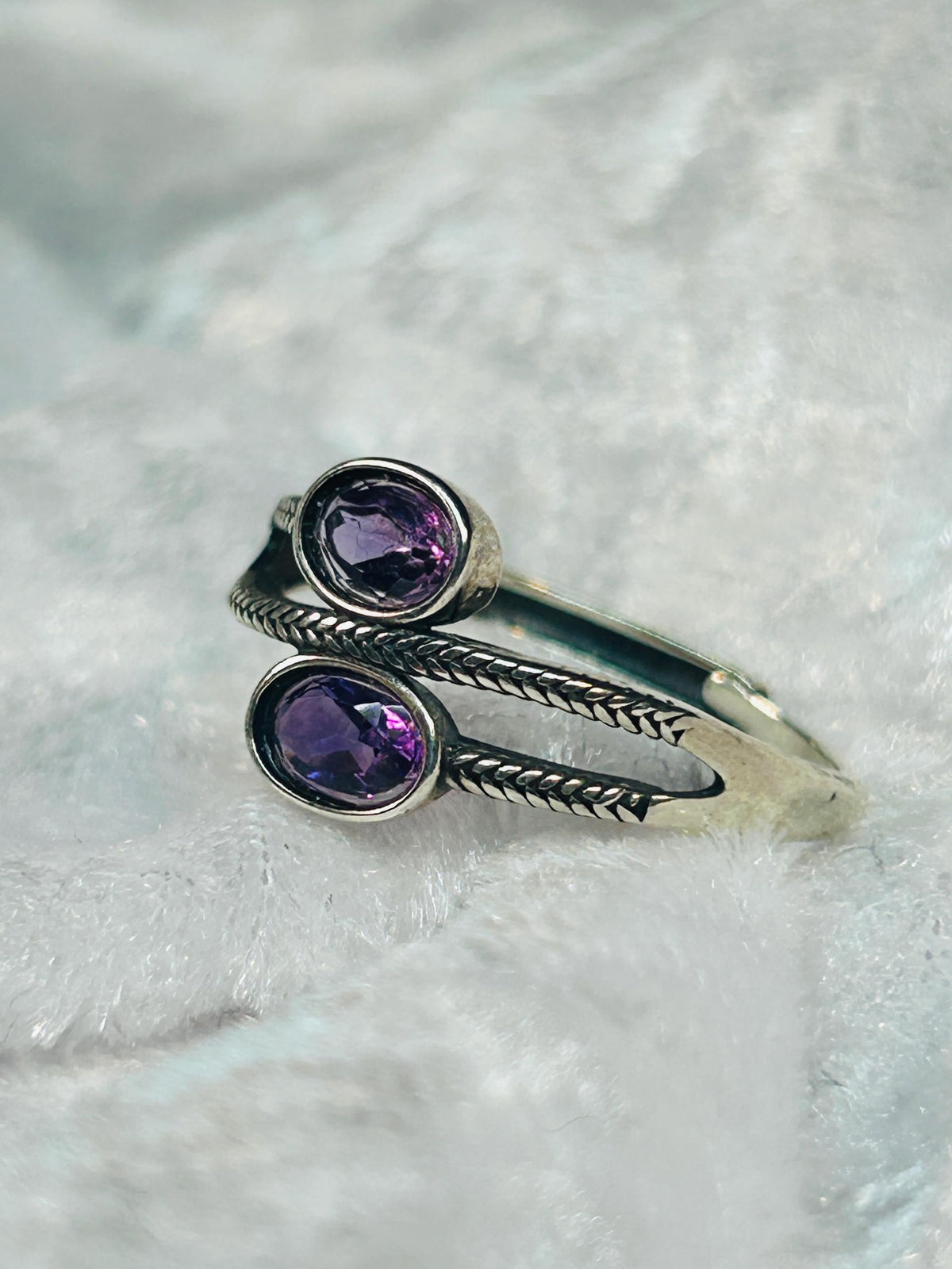 Double Amethyst Ring in 925 Sterling Silver with Adjustable Band Celtic Dragon Jewellery