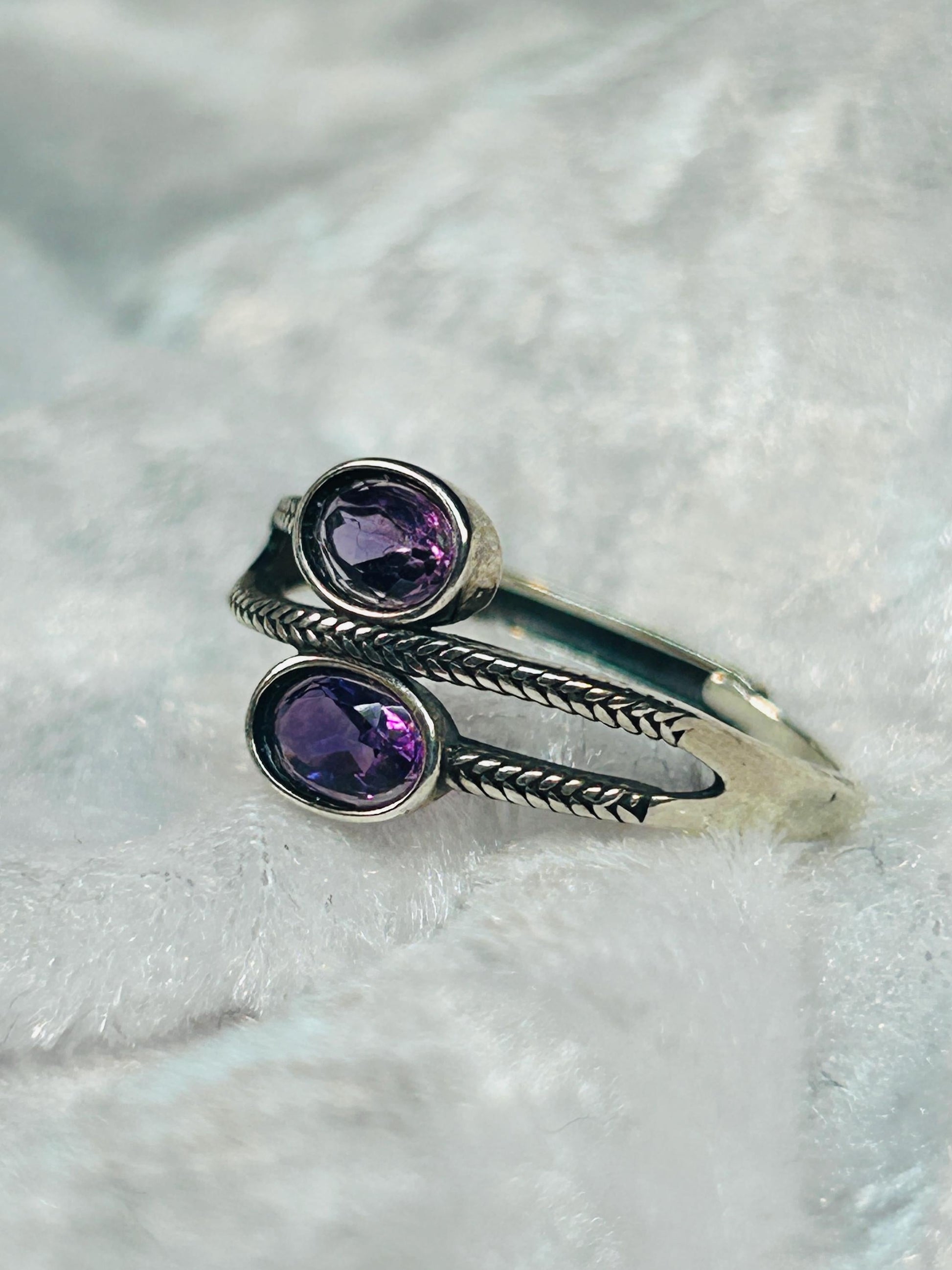 Double Amethyst Ring in 925 Sterling Silver with Adjustable Band Celtic Dragon Jewellery