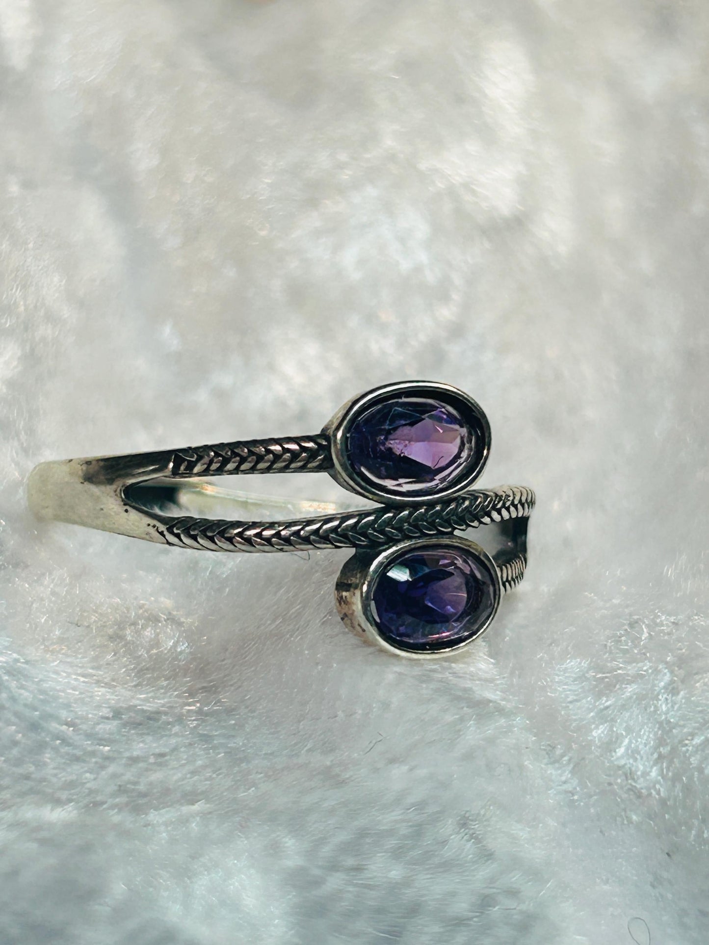 Double Amethyst Ring in 925 Sterling Silver with Adjustable Band Celtic Dragon Jewellery