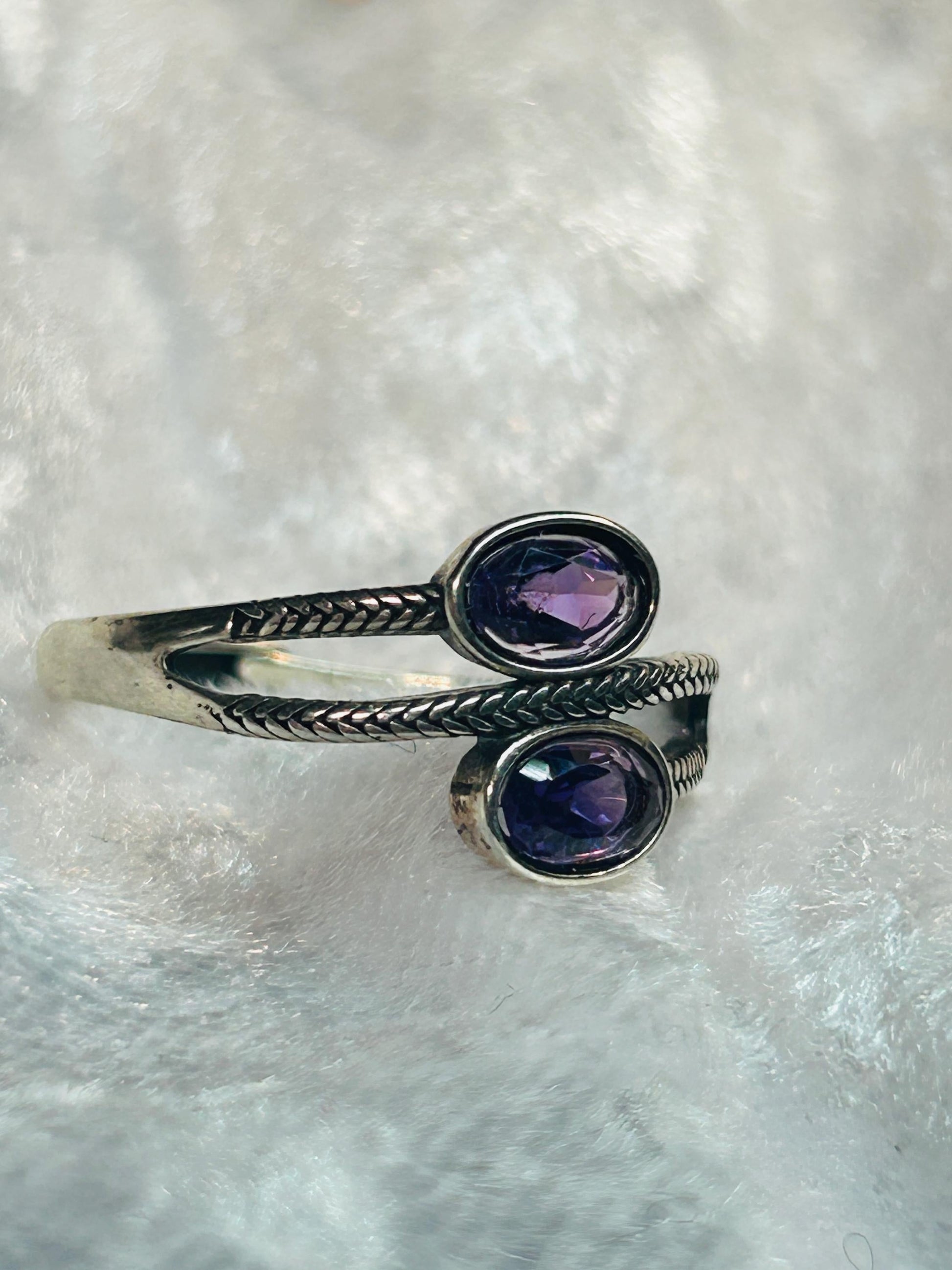 Double Amethyst Ring in 925 Sterling Silver with Adjustable Band Celtic Dragon Jewellery