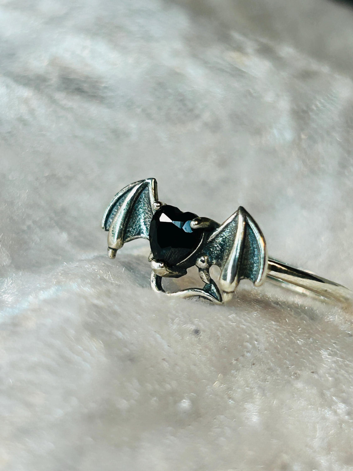 Bat Ring with Black Spinel in 925 Sterling Silver & Adjustable Gothic Vampire Jewellery Celtic Dragon Jewellery