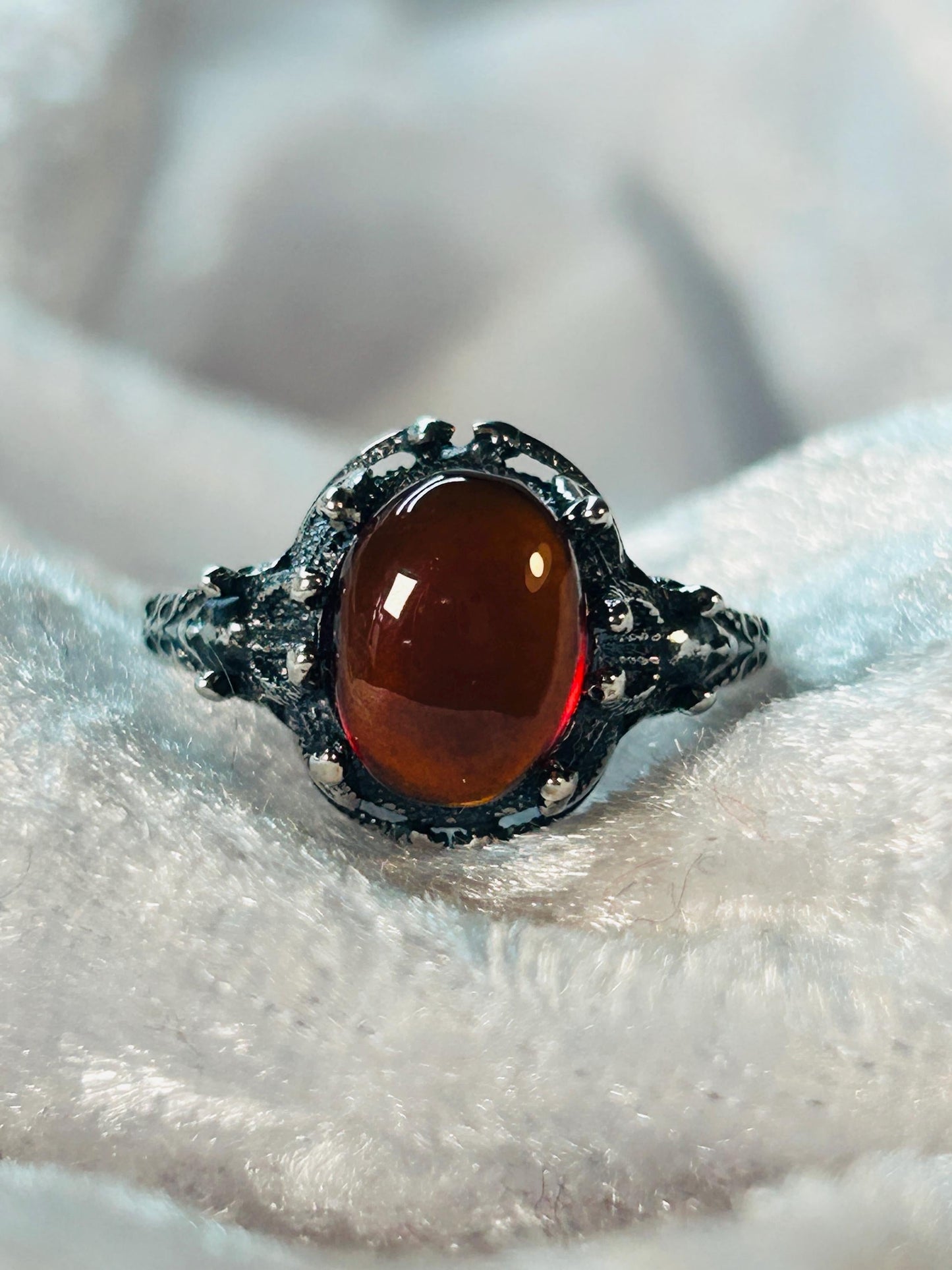 Medusa Ring with Oval Garnet in Oxidised Sterling Silver, Adjustable Band, Mythology Jewellery Celtic Dragon Jewellery