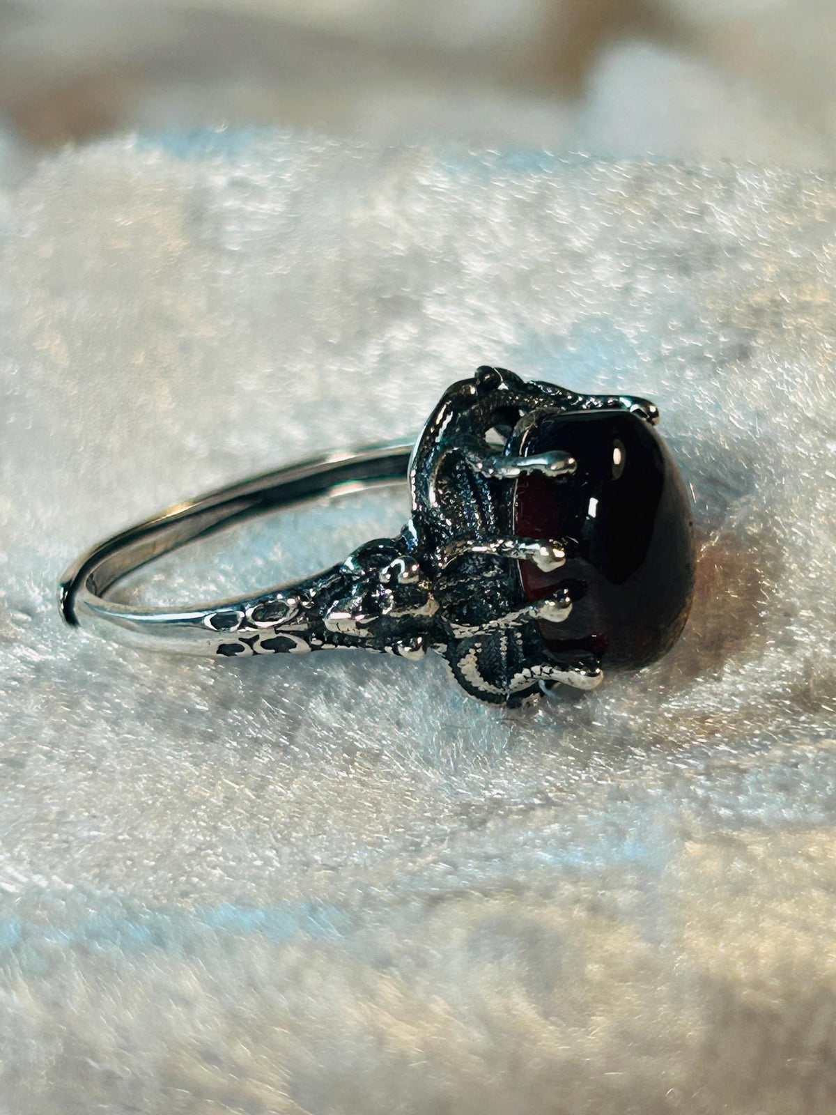 Medusa Ring with Oval Garnet in Oxidised Sterling Silver, Adjustable Band, Mythology Jewellery Celtic Dragon Jewellery