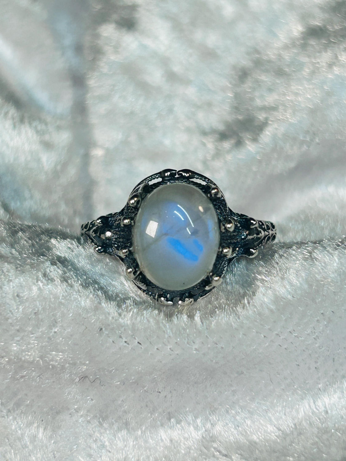 Medusa Ring with Oval Moonstone in Oxidised Sterling Silver, Gothic Mythology Jewellery Celtic Dragon Jewellery