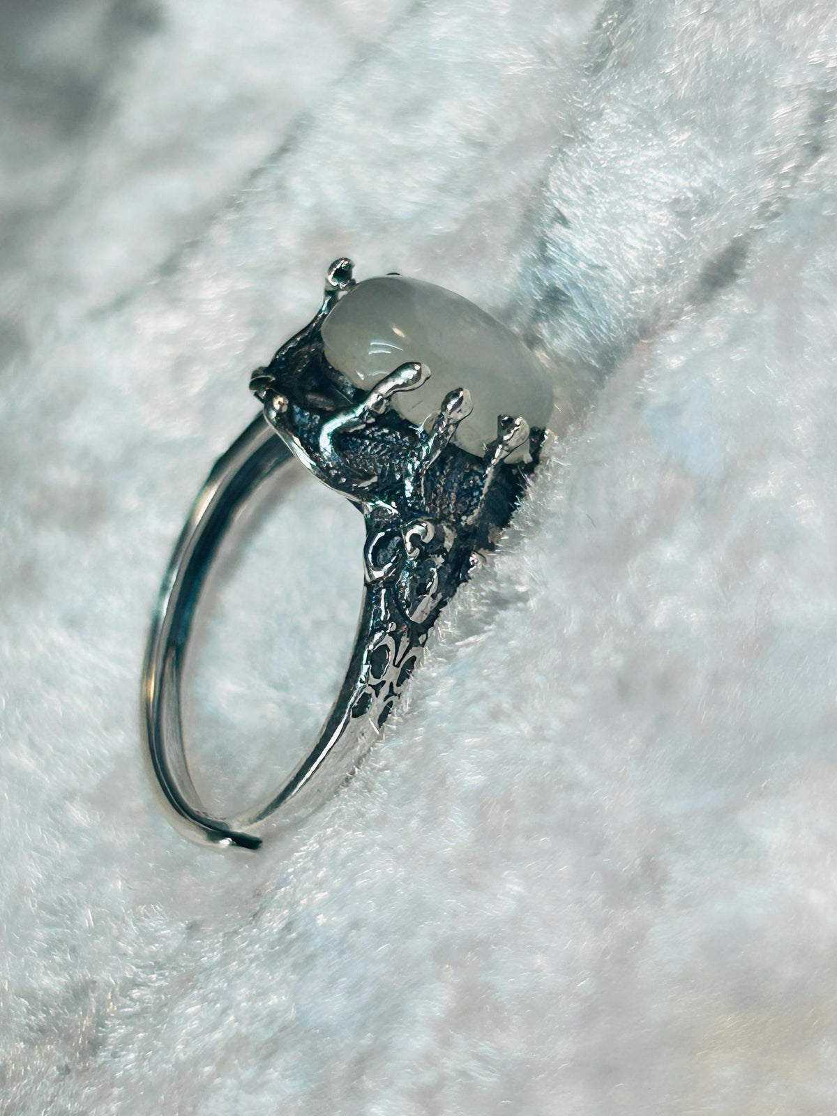 Medusa Ring with Oval Moonstone in Oxidised Sterling Silver, Gothic Mythology Jewellery Celtic Dragon Jewellery