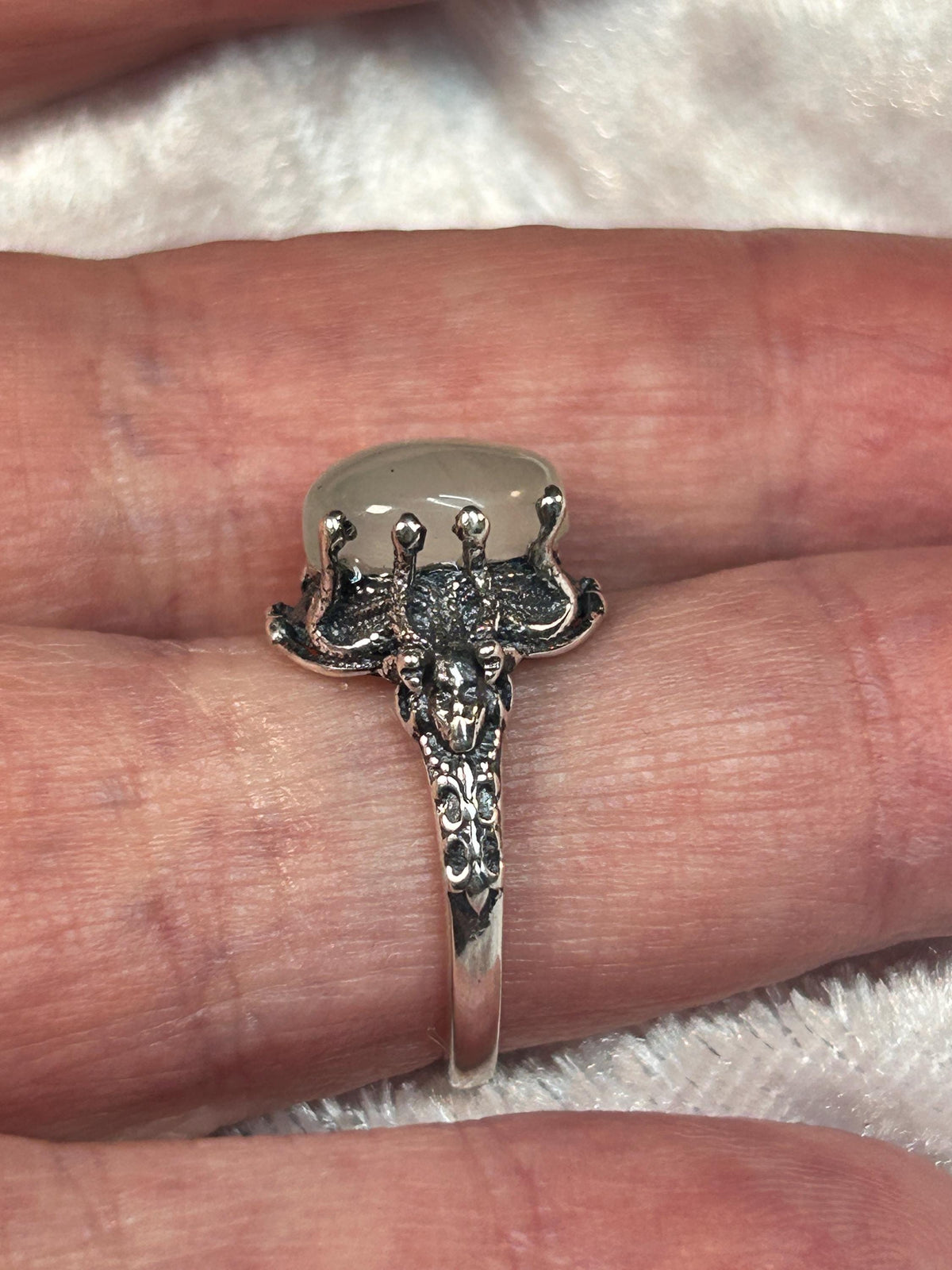 Medusa Ring with Oval Moonstone in Oxidised Sterling Silver, Gothic Mythology Jewellery Celtic Dragon Jewellery