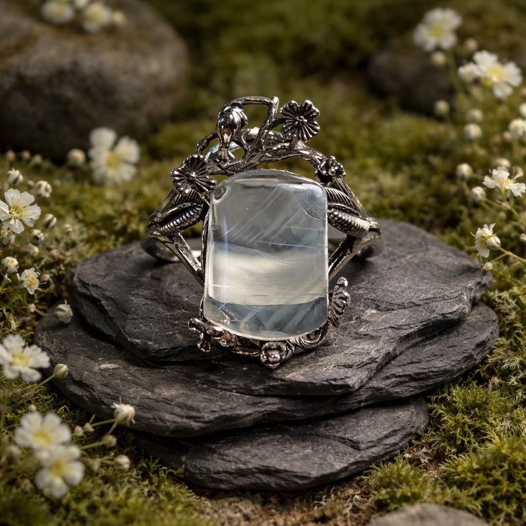 Blue Needle Quartz Ring in 925 Sterling Silver with Adjustable Floral Themed Band Celtic Dragon Jewellery