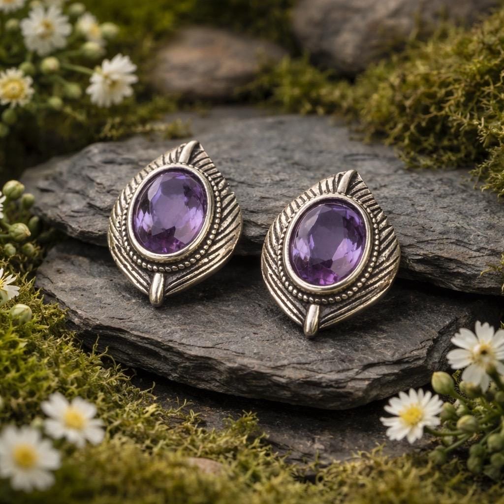 Amethyst Leaf Earrings: 925 Sterling Silver Studs, Gemstone Jewellery Gift Box Celtic Dragon Jewellery