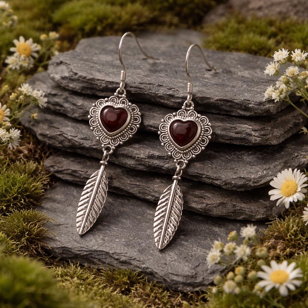 Garnet Heart & Feather Dangle Earrings - 925 Silver Gemstone Romantic Jewellery Celtic Dragon Jewellery