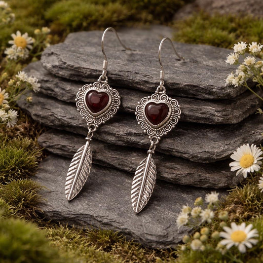 Garnet Heart & Feather Dangle Earrings - 925 Silver Gemstone Romantic Jewellery Celtic Dragon Jewellery