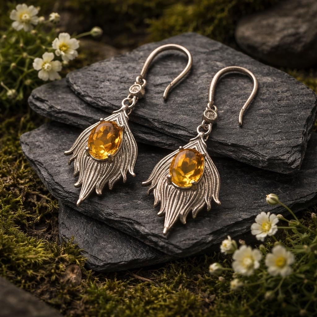 Citrine Feather Earrings in 925 Sterling Silver - Reduced Price Celtic Dragon Jewellery