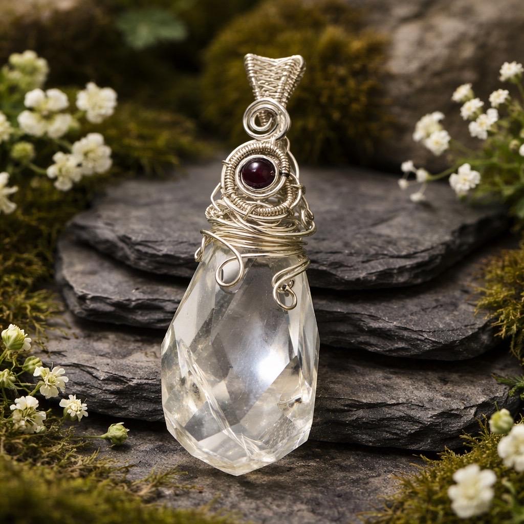 Wire Wrapped Clear Quartz Teardrop Pendant with Garnet Bead - With Gift Bag Celtic Dragon Jewellery