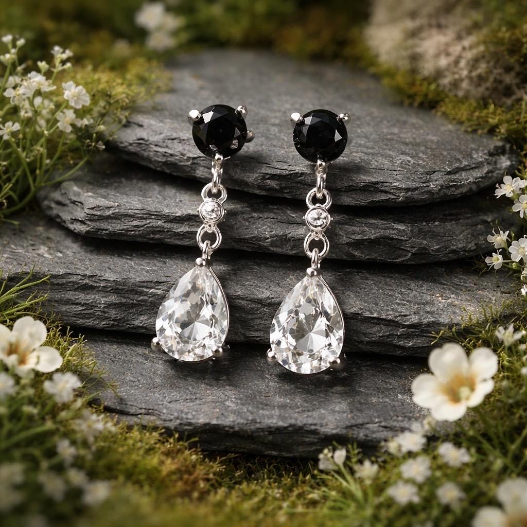 Clear Quartz & Black Spinel Dangle Earrings: 925 Sterling Silver Teardrop Jewellery Celtic Dragon Jewellery