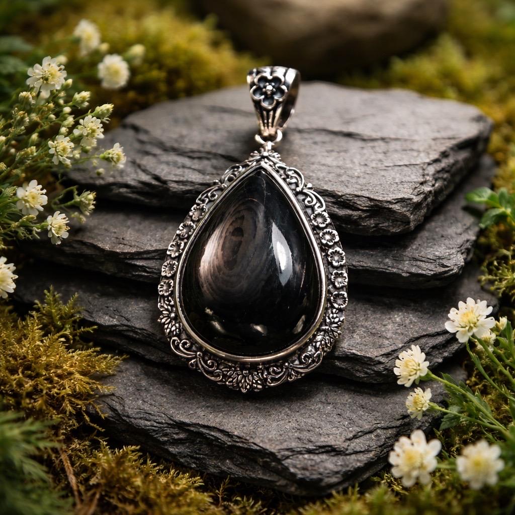 Hypersthene Teardrop Pendant in 925 Sterling Silver - Gothic Statement Jewellery Celtic Dragon Jewellery