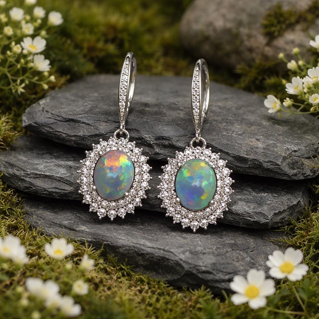 Opal Earrings With CZ Halo Surround: 925 Sterling Silver Gemstone Jewellery Celtic Dragon Jewellery
