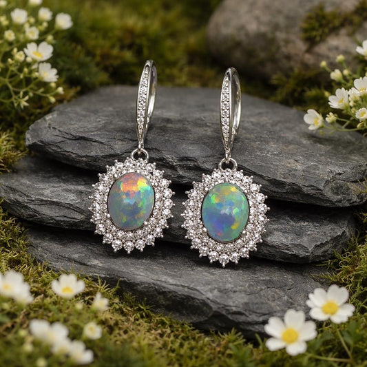 Opal Earrings With CZ Halo Surround: 925 Sterling Silver Gemstone Jewellery Celtic Dragon Jewellery