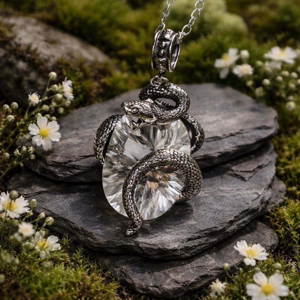 Snake Pendant With Clear Quartz in 925 Sterling Silver