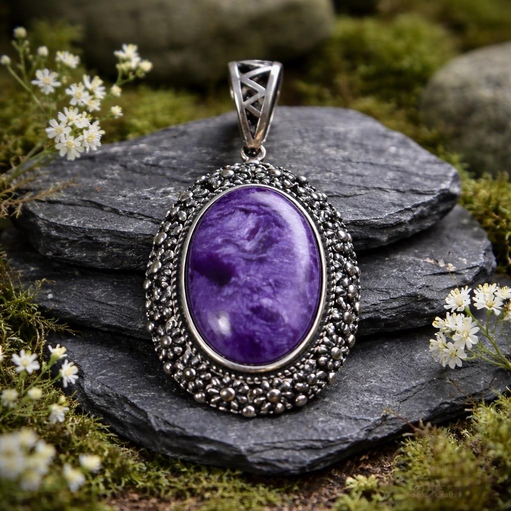 Charoite Pendant With Floral Halo - 925 Sterling Silver - Purple Gothic Jewellery Celtic Dragon Jewellery