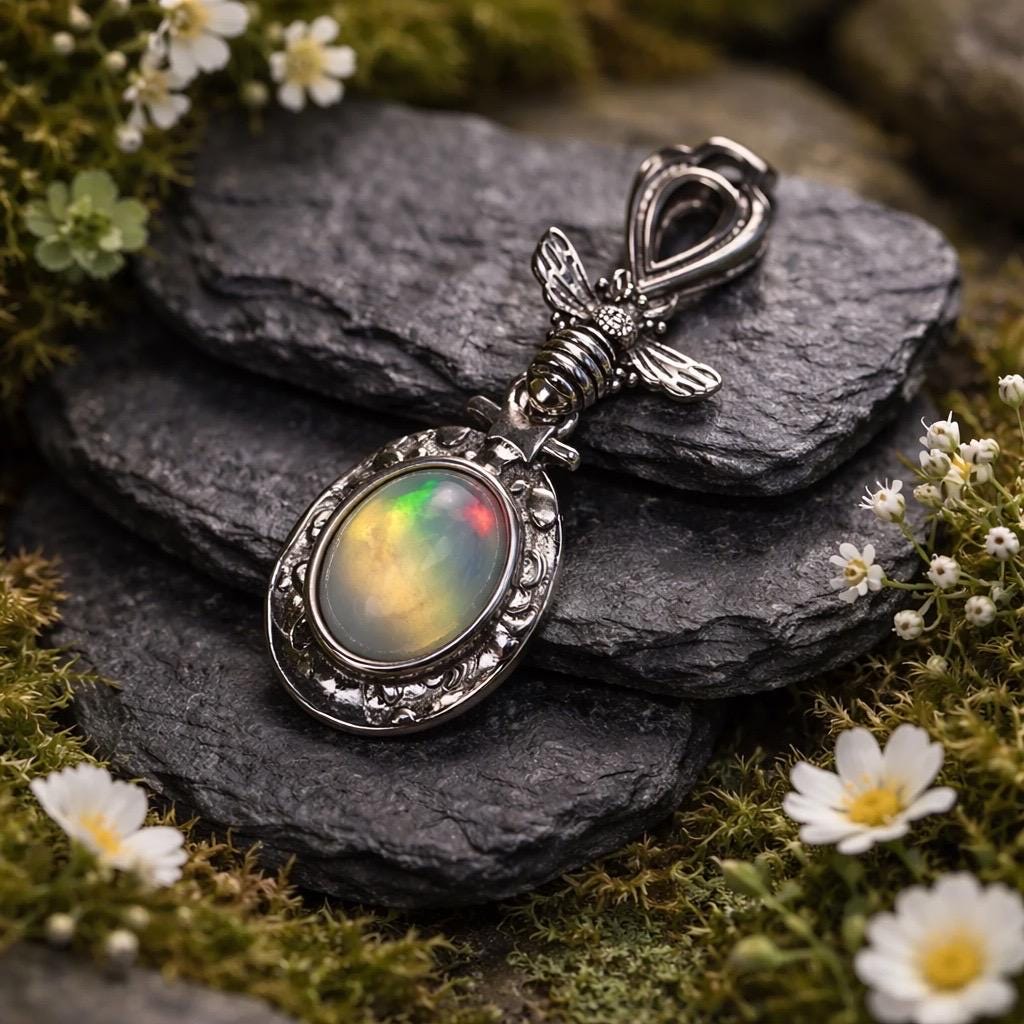 Honey Bee Pendant with Opal - 925 Sterling Silver Insect Jewellery Celtic Dragon Jewellery