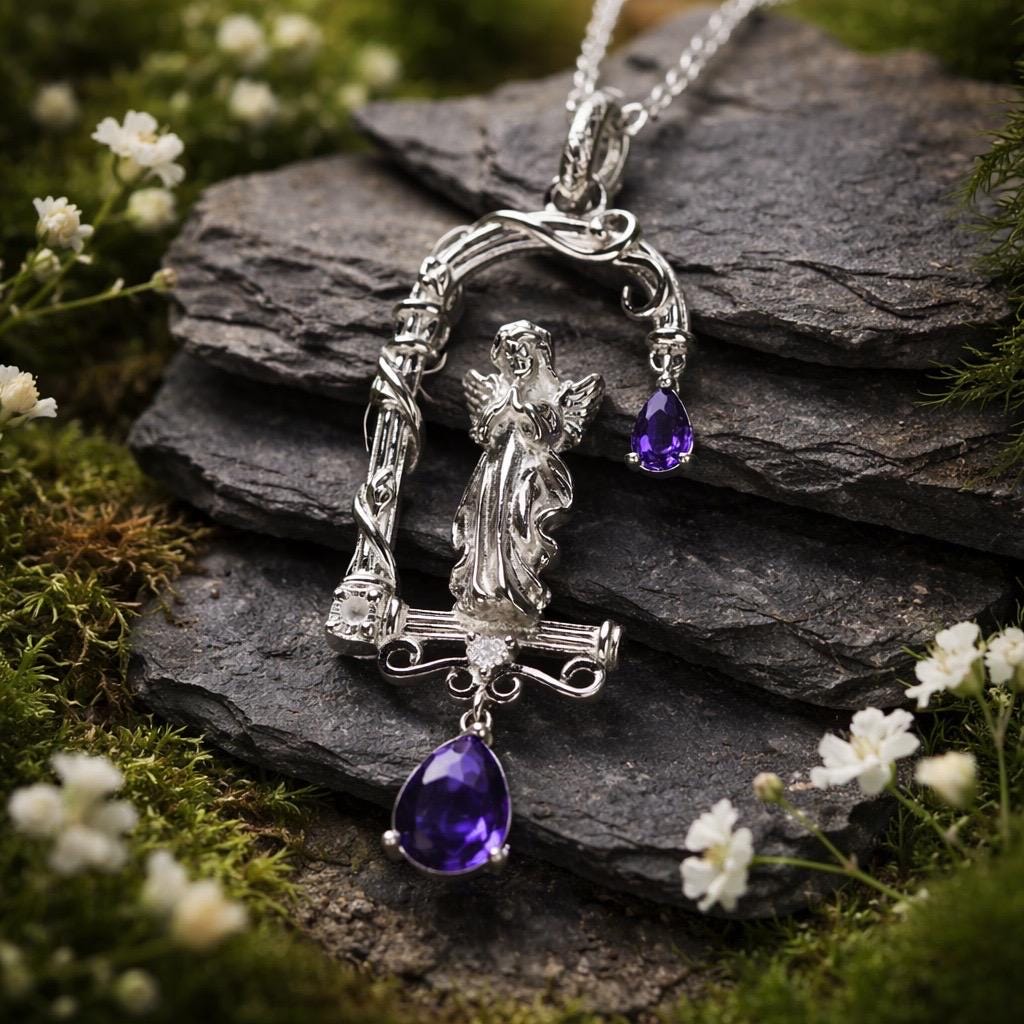Guardian Angel Pendant With Amethyst Droppers in 925 Sterling Silver Celtic Dragon Jewellery