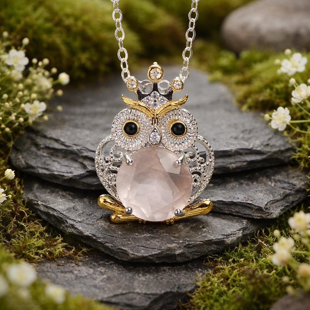 Owl Pendant With Faceted Rose Quartz in 925 Sterling Silver Celtic Dragon Jewellery