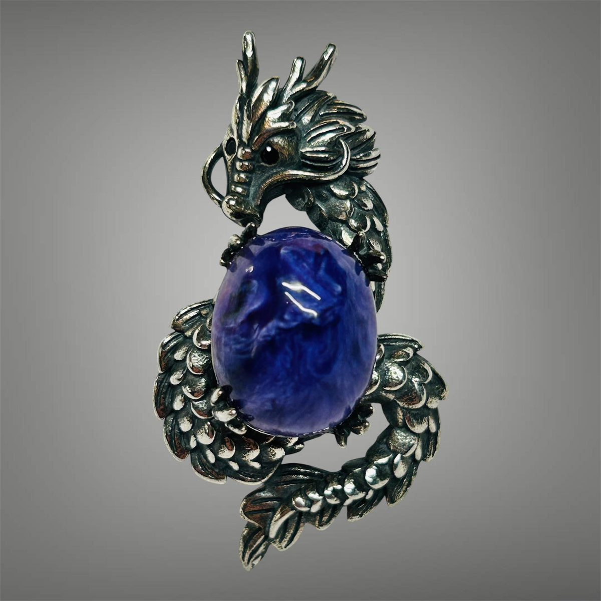 Charoite Dragon Pendant in 925 Sterling Silver - Aged Dark Fantasy Mythical Creature Amulet Celtic Dragon Jewellery
