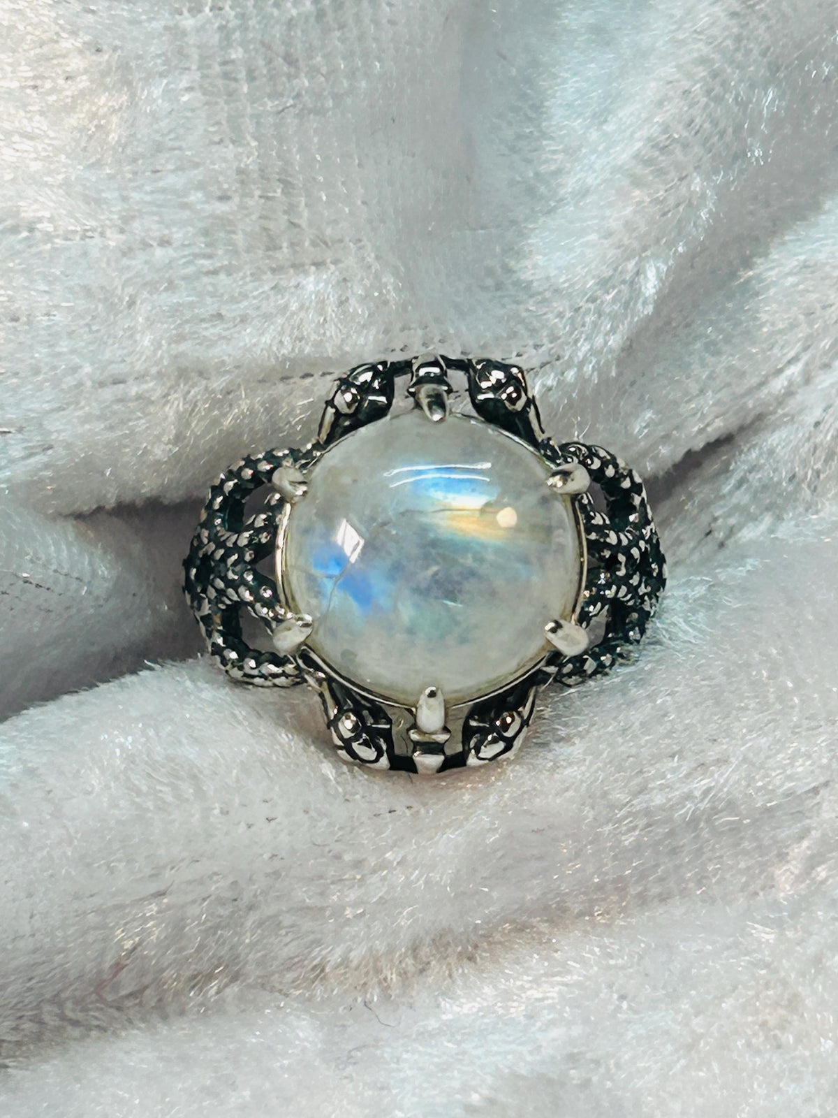 Snake Ring with Rainbow Moonstone in 925 Sterling Silver - Adjustable Gothic Serpent Jewellery Celtic Dragon Jewellery