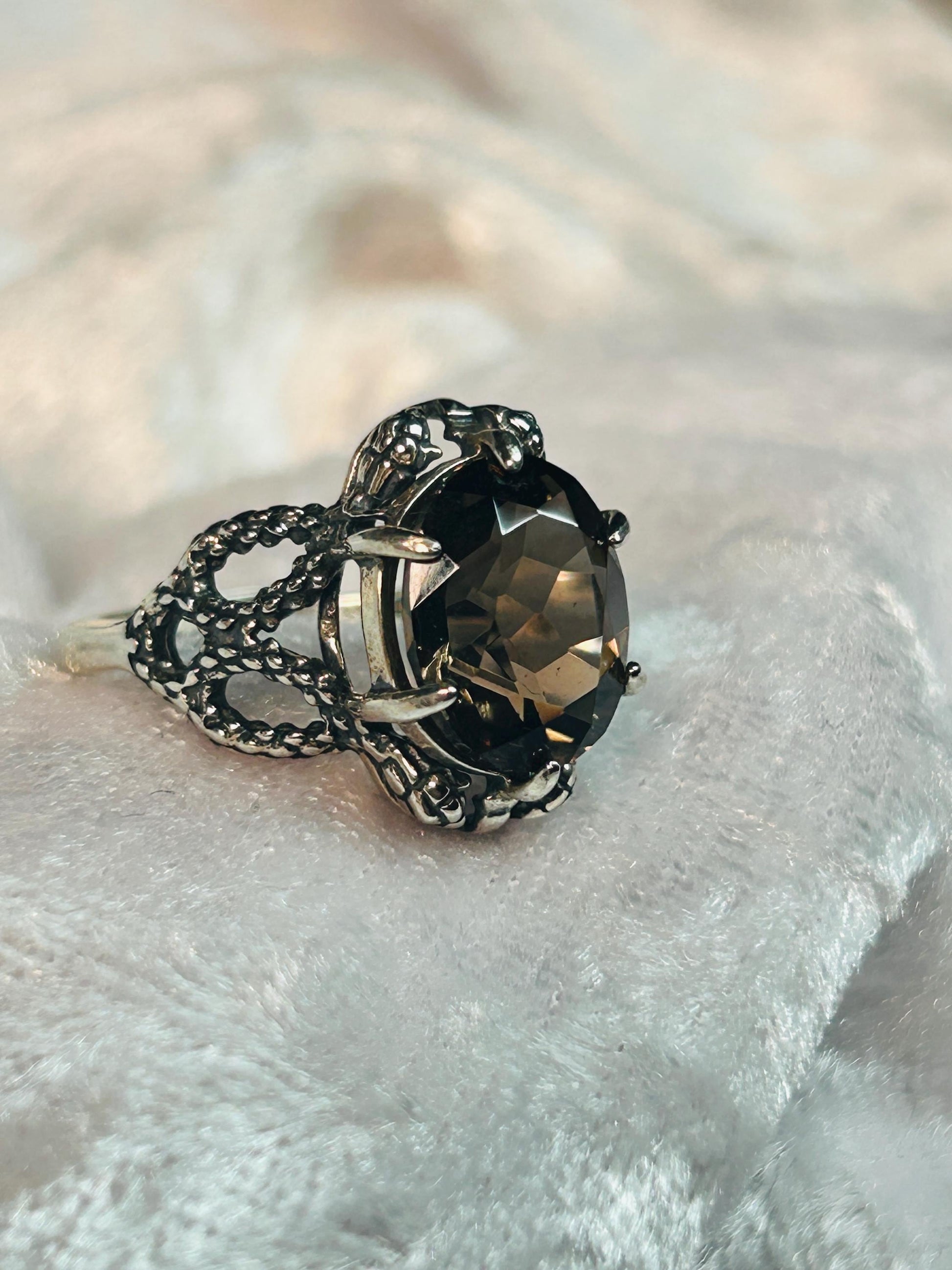 Snake Ring with Faceted Smoky Quartz in 925 Sterling Silver - Adjustable Gothic Serpent Jewellery Celtic Dragon Jewellery