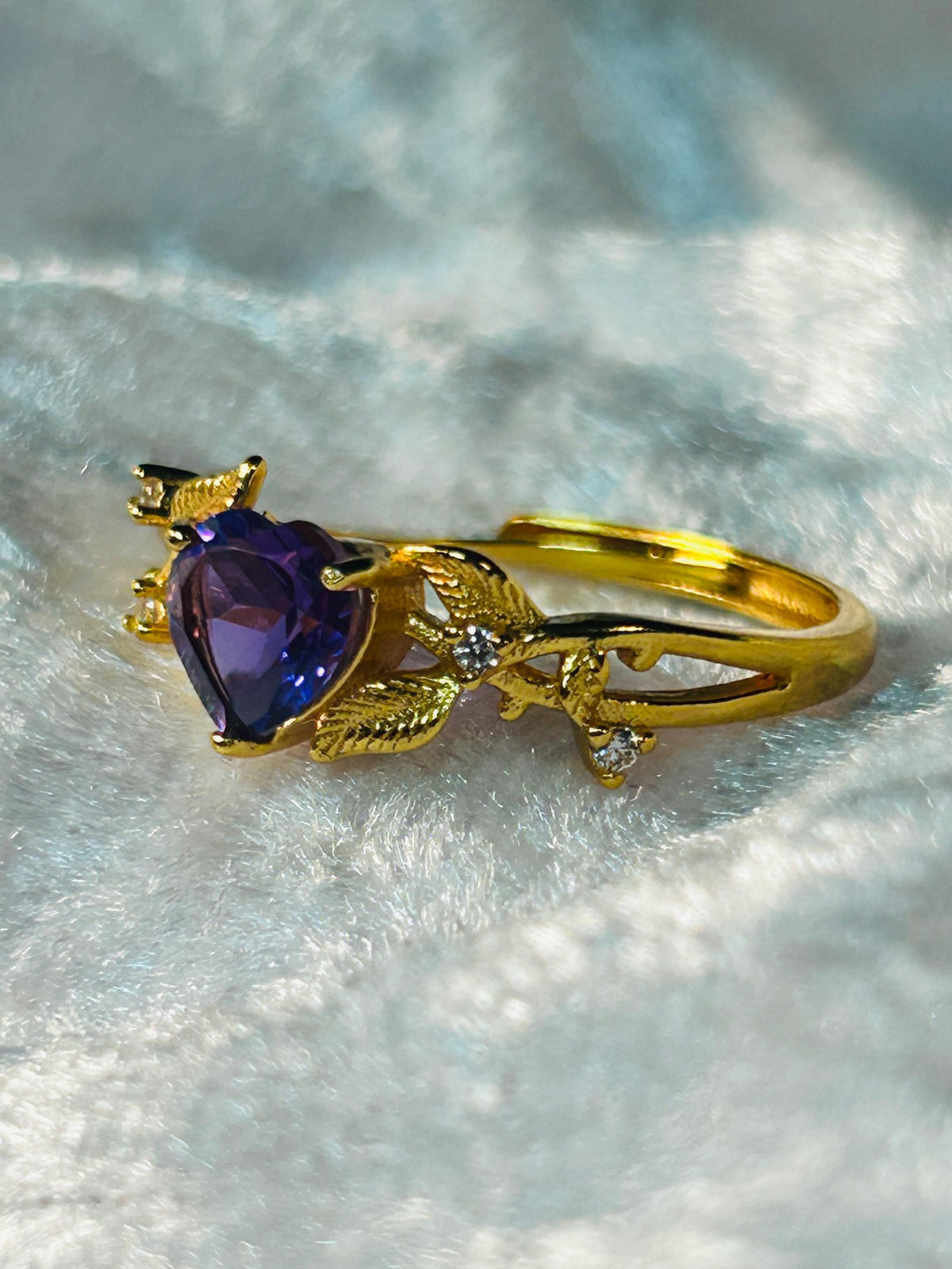 Amethyst Heart Ring in Gold Plated 925 Sterling Silver with Adjustable Band - Vine Design Celtic Dragon Jewellery