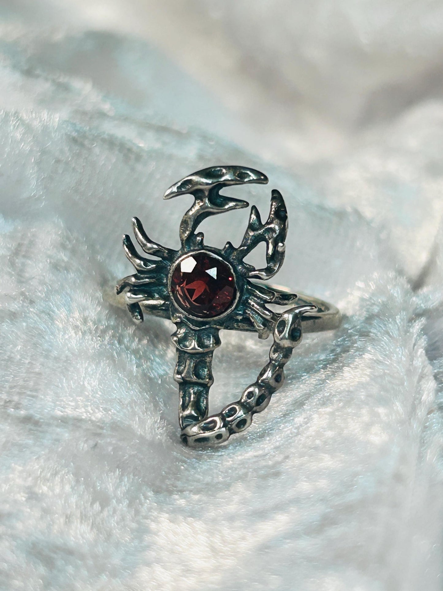 Scorpion Ring with Red Garnet in 925 Sterling Silver - Adjustable Goth Statement Jewellery Celtic Dragon Jewellery