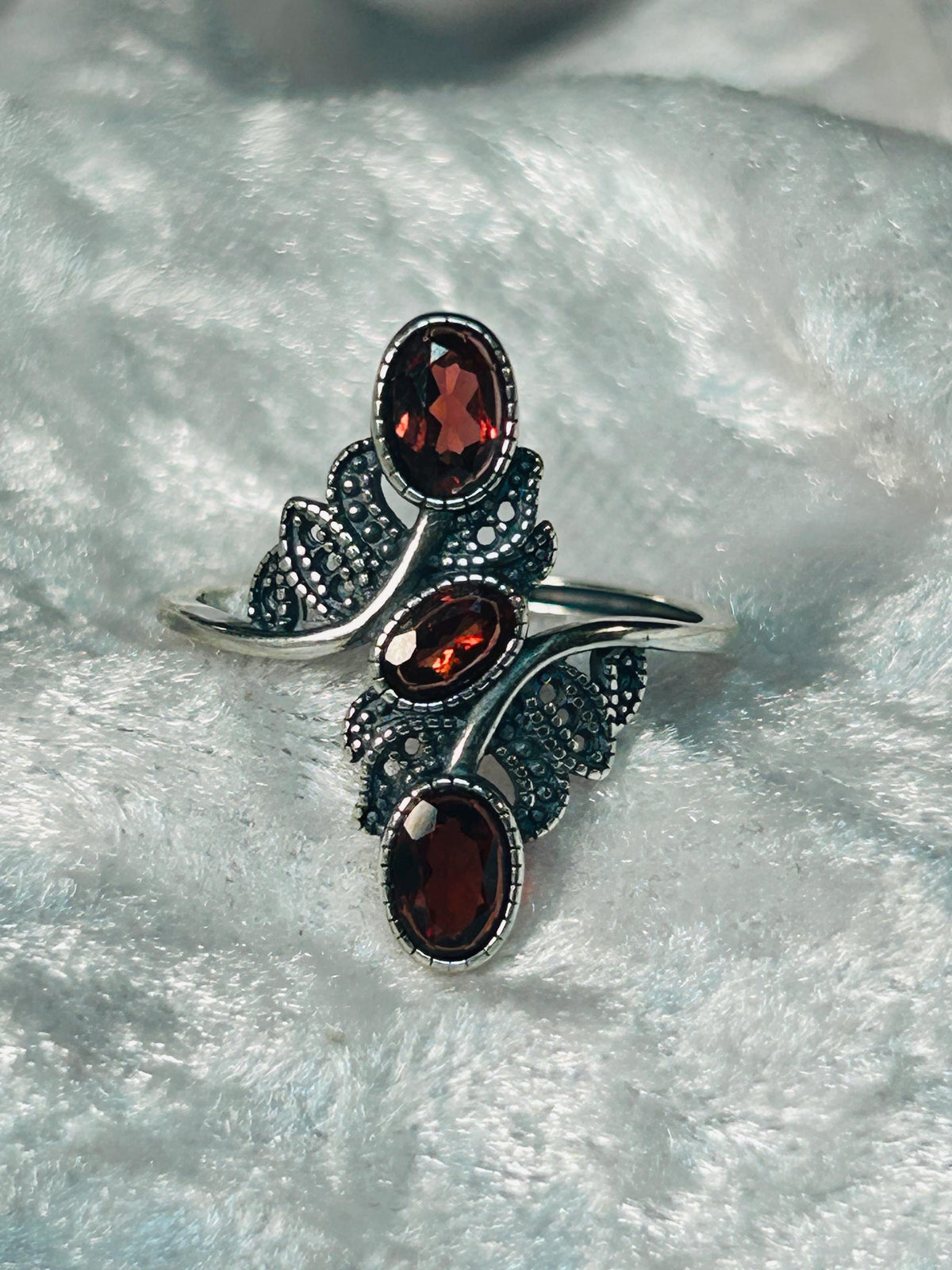 Triple Garnet Ring in 925 Sterling Silver - Adjustable Goth Statement Jewellery Celtic Dragon Jewellery