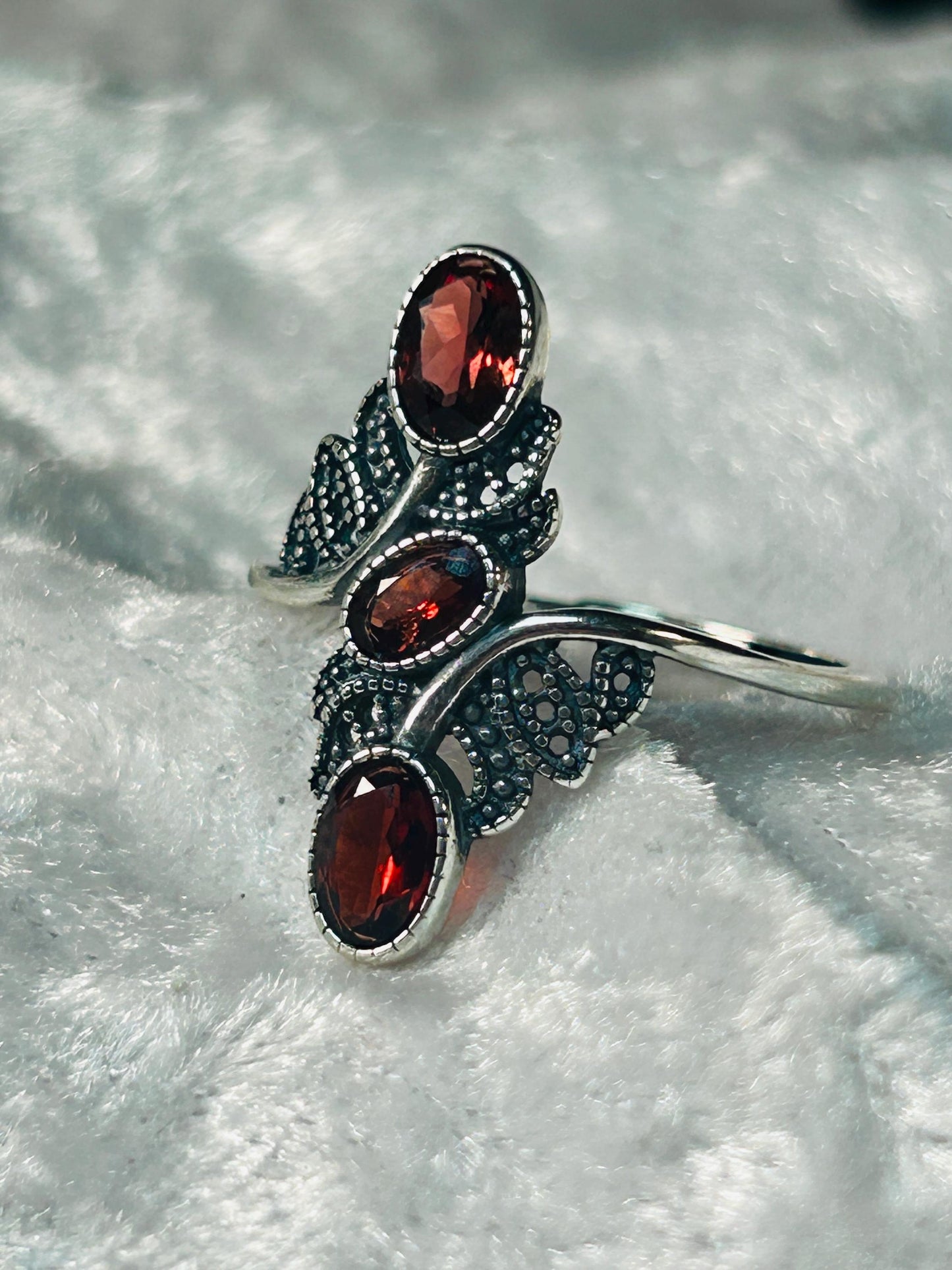 Triple Garnet Ring in 925 Sterling Silver - Adjustable Goth Statement Jewellery Celtic Dragon Jewellery