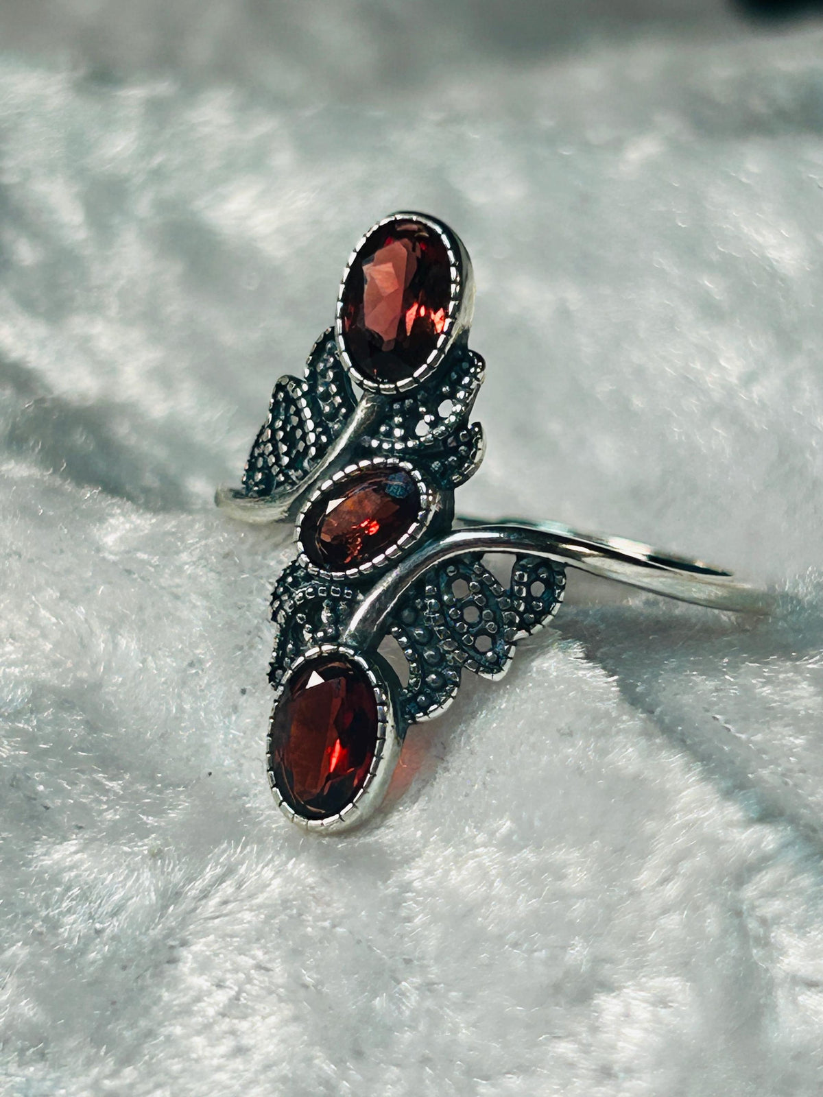 Triple Garnet Ring in 925 Sterling Silver - Adjustable Goth Statement Jewellery Celtic Dragon Jewellery