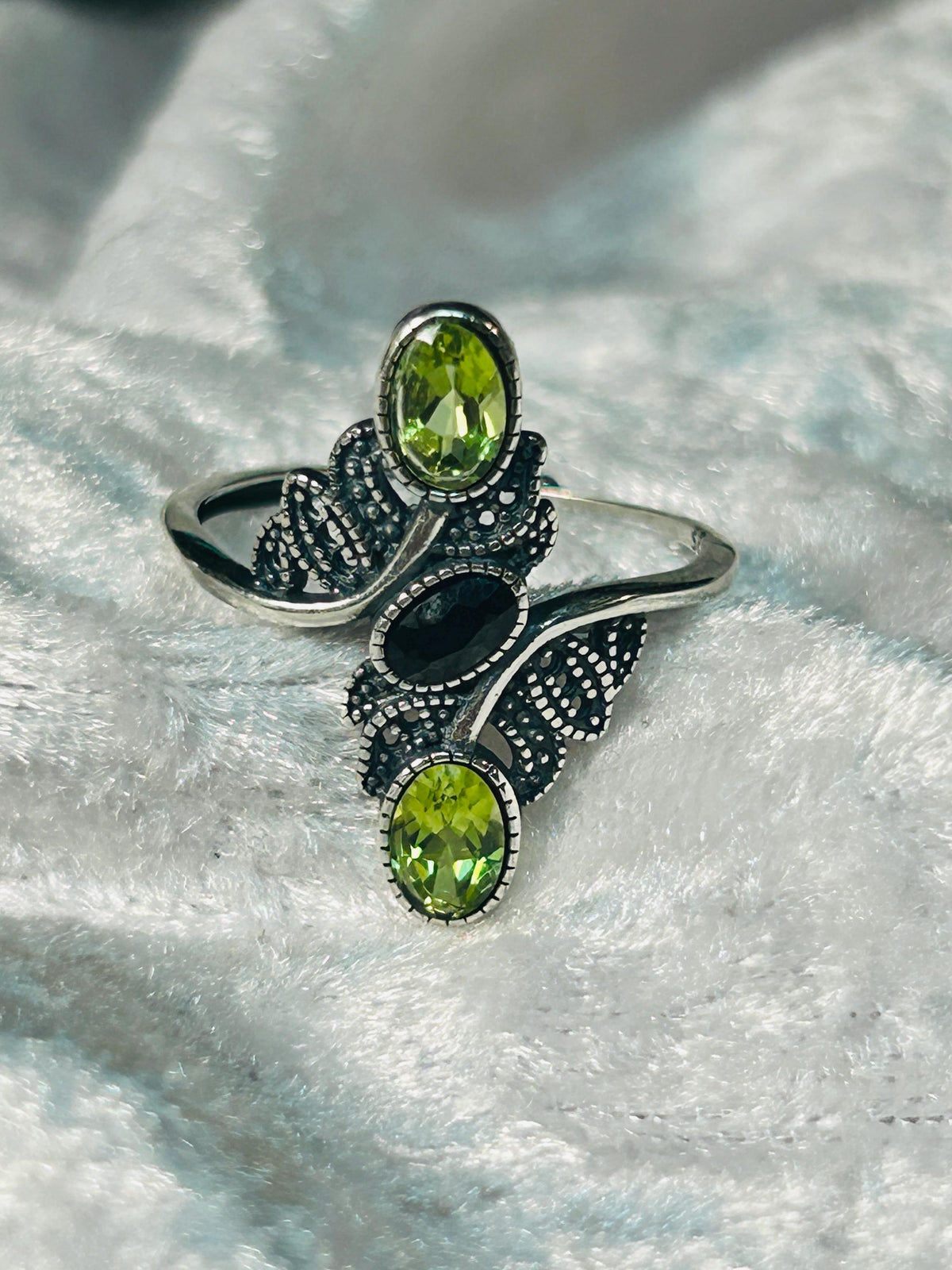 Peridot & Black Spinel Ring in 925 Sterling Silver - Adjustable Goth Statement Jewellery Celtic Dragon Jewellery