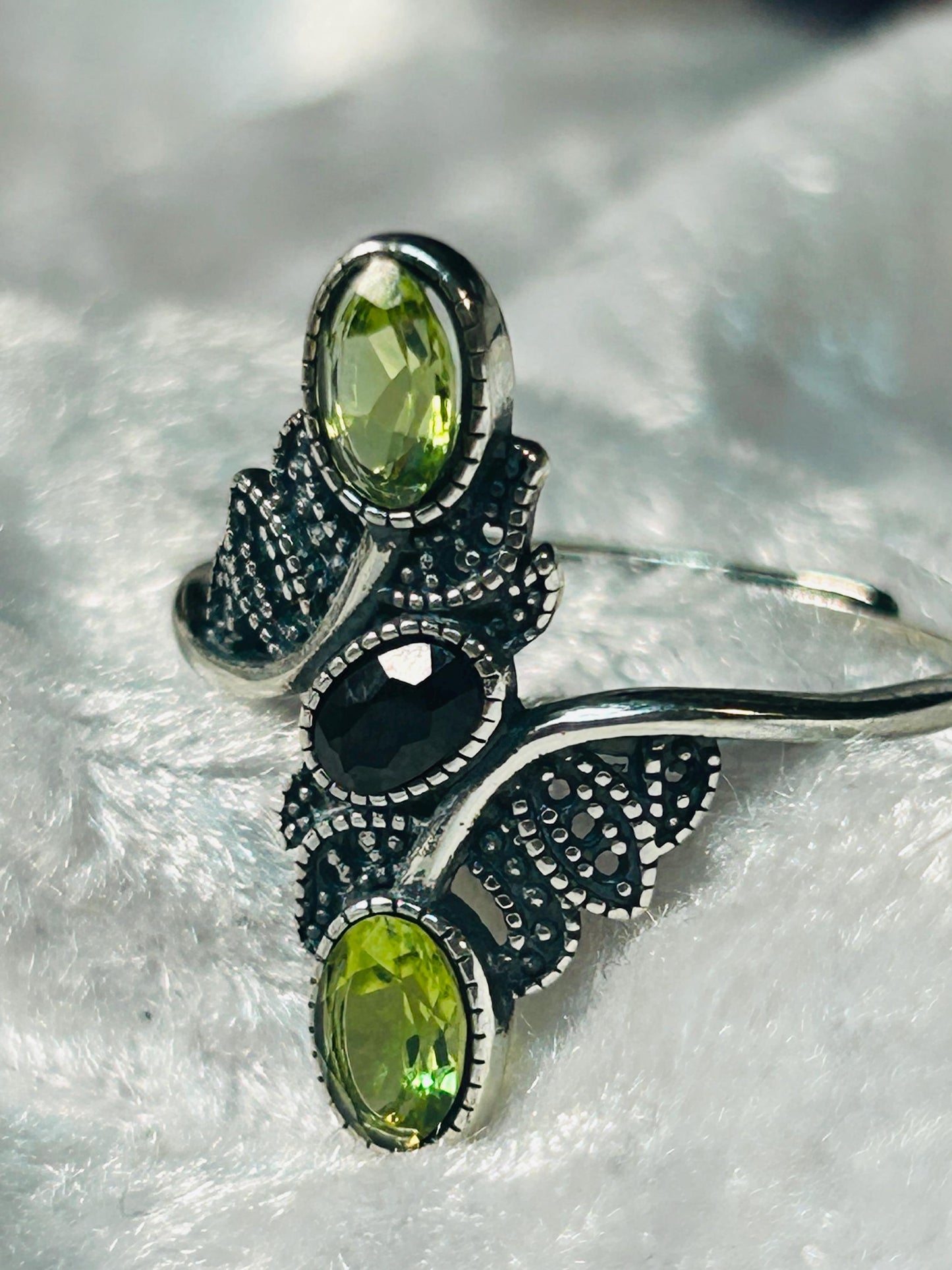Peridot & Black Spinel Ring in 925 Sterling Silver - Adjustable Goth Statement Jewellery Celtic Dragon Jewellery