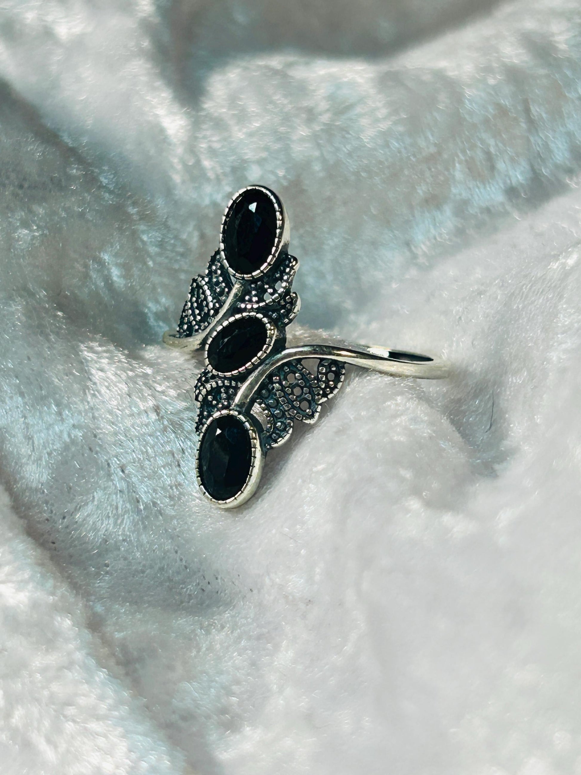 Triple Black Spinel Ring in 925 Sterling Silver - Adjustable Goth Statement Jewellery Celtic Dragon Jewellery