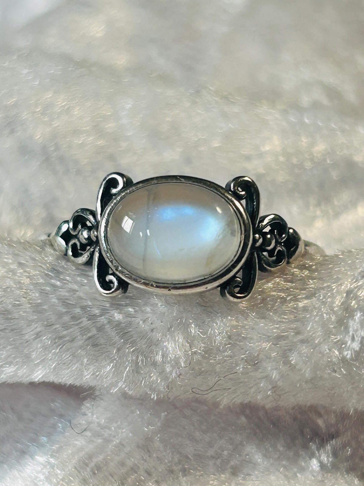 Moonstone Ring in 925 Sterling Silver with Dainty Filigree Style - Adjustable Band Celtic Dragon Jewellery