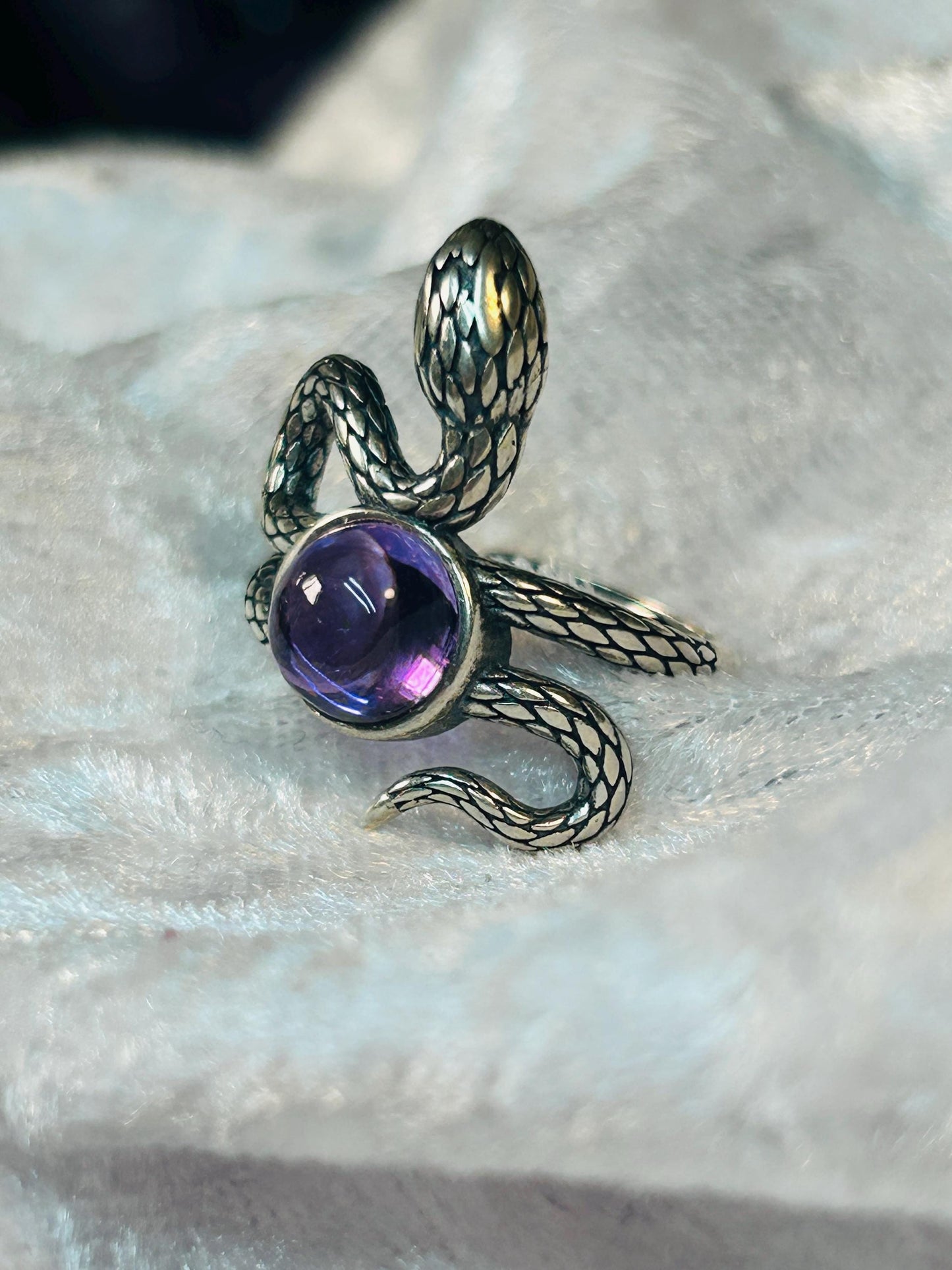 Snake Ring with Amethyst in 925 Sterling Silver - Serpent Statement, Adjustable Gothic Jewellery Celtic Dragon Jewellery