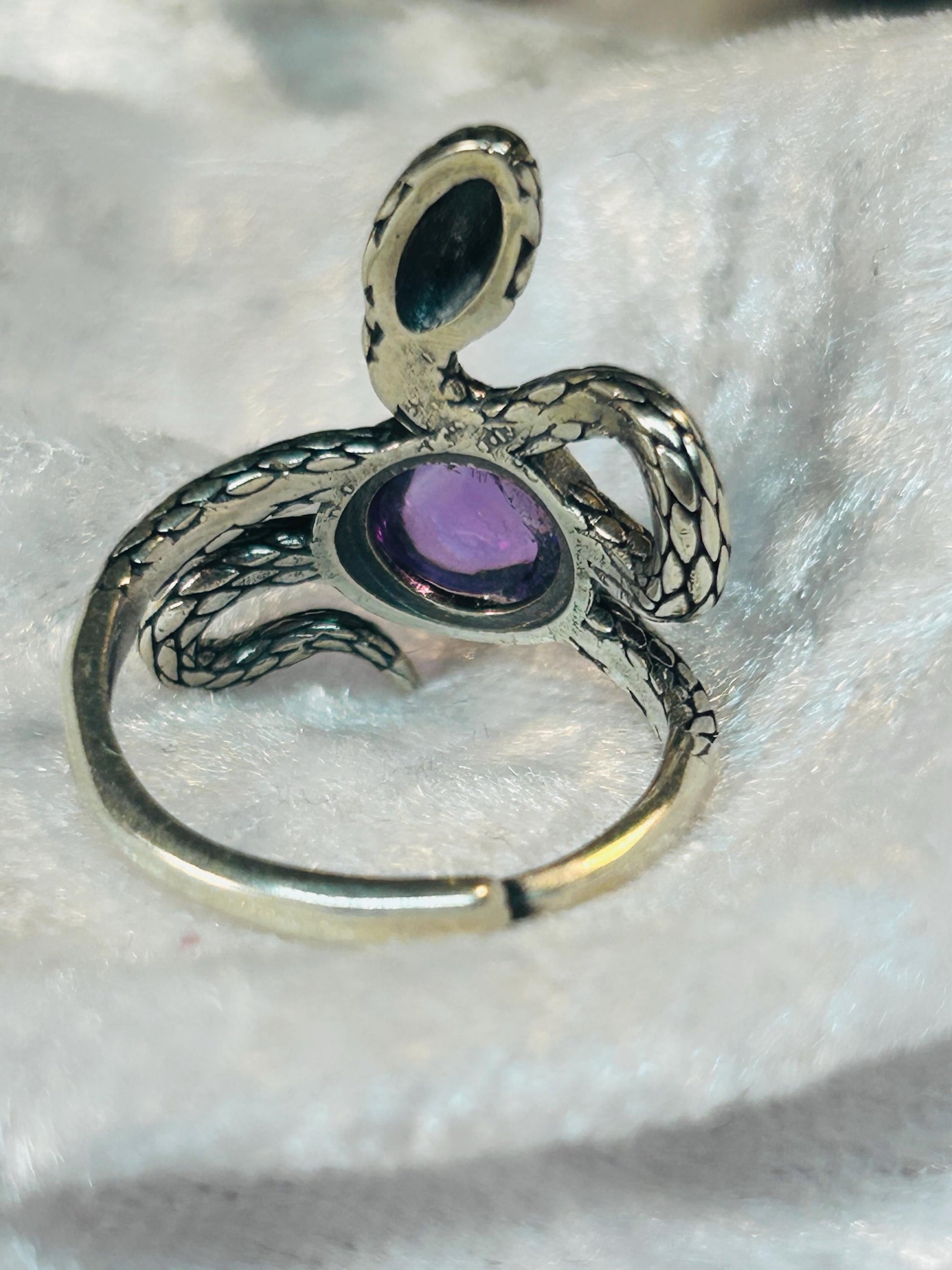 Snake Ring with Amethyst in 925 Sterling Silver - Serpent Statement, Adjustable Gothic Jewellery Celtic Dragon Jewellery